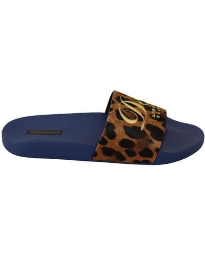 Dolce & Gabbana Leopard Logo Rubber Slides Slippers Shoes - Blue