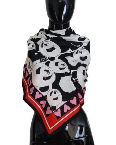 Dolce & Gabbana Multicolor Panda Print Silk Shawl Wrap Scarf - Red