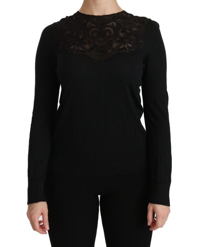 Dolce & Gabbana Black Silk Lace Crew Neck Long Sleeve Blouse