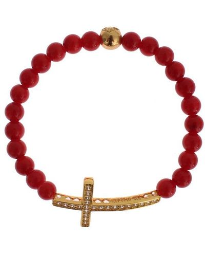 Nialaya Coral Gold Cz Cross 925 Silver Bracelet - Red