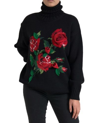 Dolce & Gabbana Black Roses Wool Turtleneck Pullover Sweater