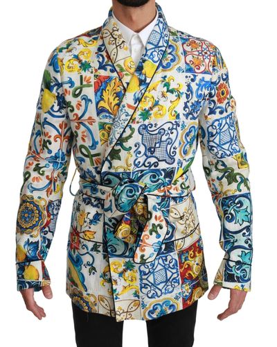 Dolce & Gabbana Majolica Brocade Linen Robe Coat Jacket - Blue