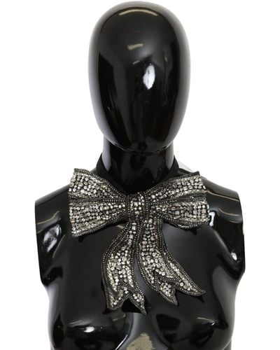 Dolce & Gabbana Silver Crystal Beaded Sequined Silk Catwalk Necklace Bowtie - Black