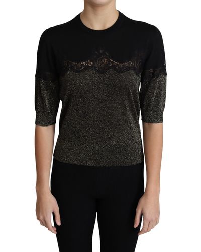 Dolce & Gabbana Shiny Lurex Lace Insert Pullover Top - Black