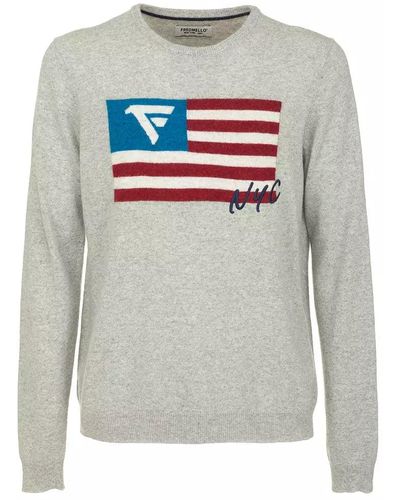 Fred Mello Chic Flag Print Crew Neck Wool Blend Sweater - Gray