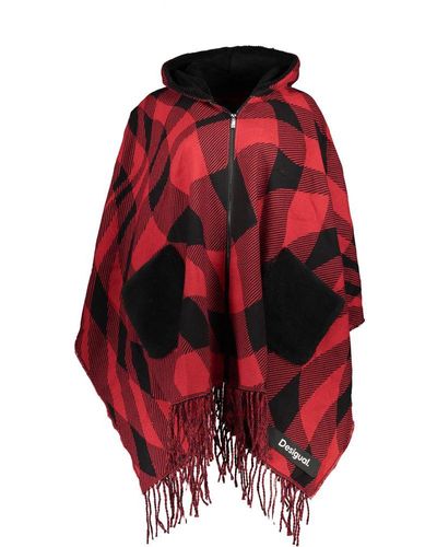 Desigual Chic Pink Hooded Poncho With Contrast Details - Red