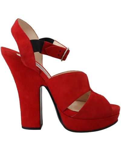Prada Suede Leather Sandals Ankle Strap Heels Shoes - Red