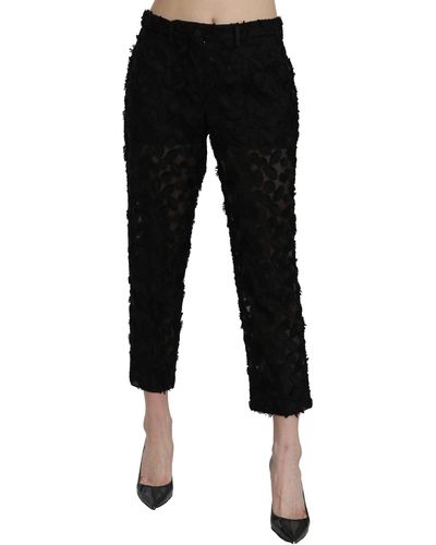 Dolce & Gabbana Mesh Pants With 3d Floral Embroidery - Black