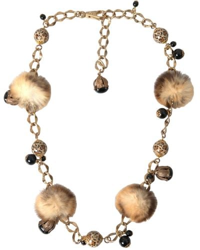 Dolce & Gabbana Brass Leopard Fur Pearl Collier Chain Belt - Metallic