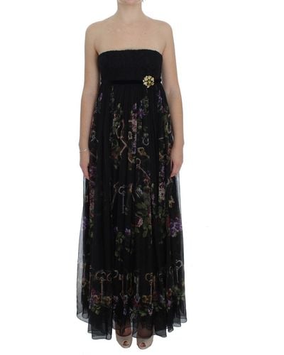 Dolce & Gabbana Key Print Silk Crystal Brooch Dress - Black
