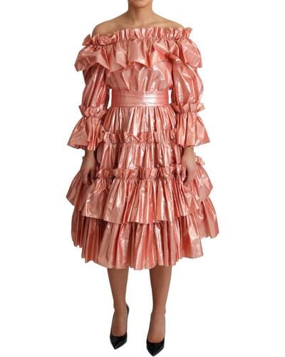 Dolce & Gabbana Ruffled Silk Cotton Gown Dress - Red