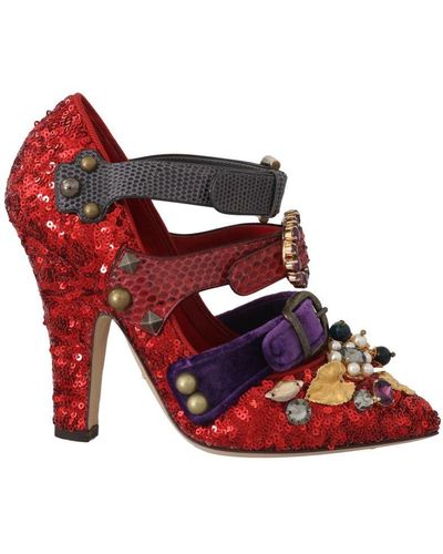 Dolce & Gabbana Dolce Gabbana Sequined Crystal Studs Heels Shoes - Red