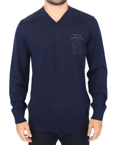 Ermanno Scervino Elegant V-Neck Wool Blend Pullover - Blue