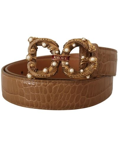 Dolce & Gabbana Elegant Croco Leather Amore Belt With Pearls - Brown