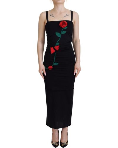Dolce & Gabbana Elegant Embroidered Wool Bodycon Dress - Black