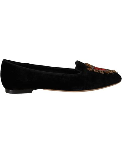 Dolce & Gabbana Velvet Dg Heart Loafers Flats Shoes - Black