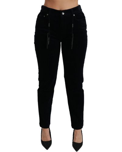 Dolce & Gabbana Blue Corduroy Mid Waist Skinny Pants Jeans - Black