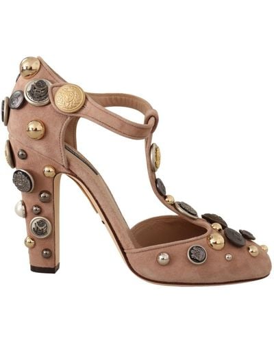 Dolce & Gabbana Dolce Gabbana Suede Embellished T-strap Pumps Shoes - Brown