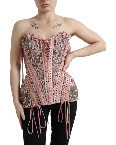 Dolce & Gabbana Pink Floral Applique Bustier Corset Top