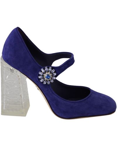 Dolce & Gabbana Suede Crystal Pumps Heels Shoes - Blue
