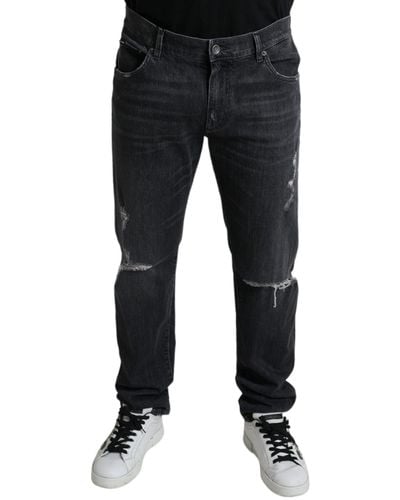 Dolce & Gabbana Gray Tattered Cotton Slim Skinny Denim Jeans - Black