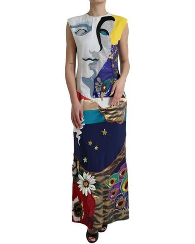 Dolce & Gabbana Multicolor Patchwork Sheath Long Gown Dress - Blue