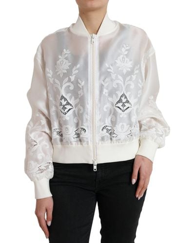 Dolce & Gabbana Floral Lace Silk Full Zip Bomber Jacket - Gray