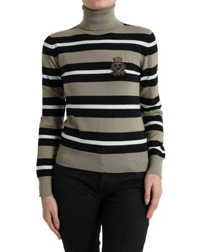 Dolce & Gabbana Multicolor Stripes Logo Turtle Neck Pullover Sweater - Black