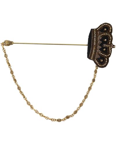 Dolce & Gabbana Tone Brass Crown Studded Chain Pin Brooch - White