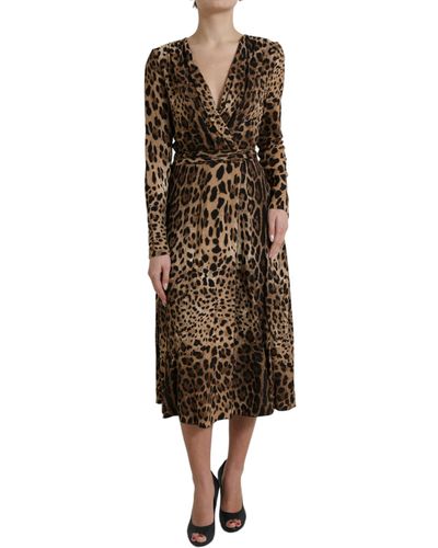 Dolce & Gabbana Brown Leopard Print Wrap Effect Midi Dress - Natural