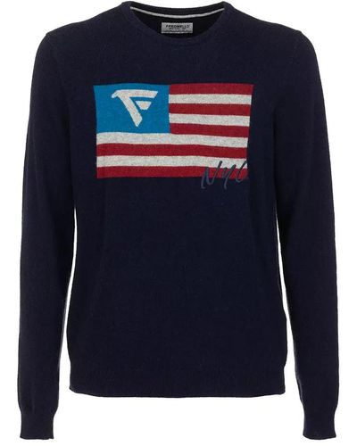 Fred Mello Chic Crew Neck Flag Motif Sweater - Blue
