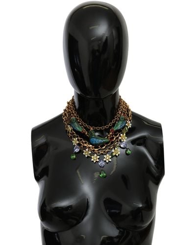 Dolce & Gabbana Parrot Crystal Floral Charm Statement Necklace - Black