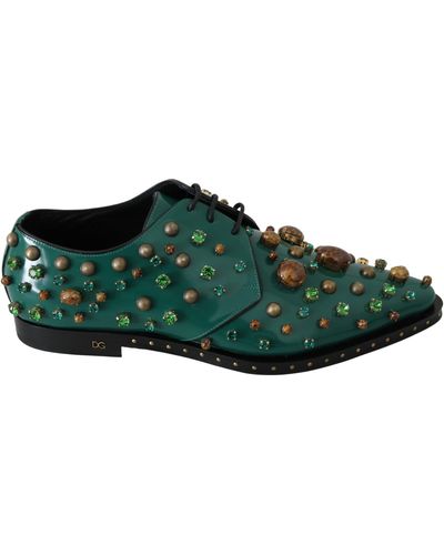 Dolce & Gabbana Emerald Leather Dress Shoes With Crystal Accents - Green
