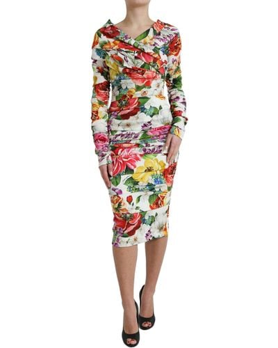 Dolce & Gabbana Multicolor Floral Sheath Midi Silk Dress - Red