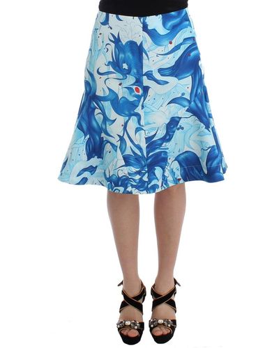 KOONHOR Blue Peplum Fresco-print Straight Pencil Skirt
