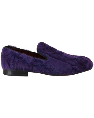 Dolce & Gabbana Purple Sheep Fur Leather Loafers - Blue