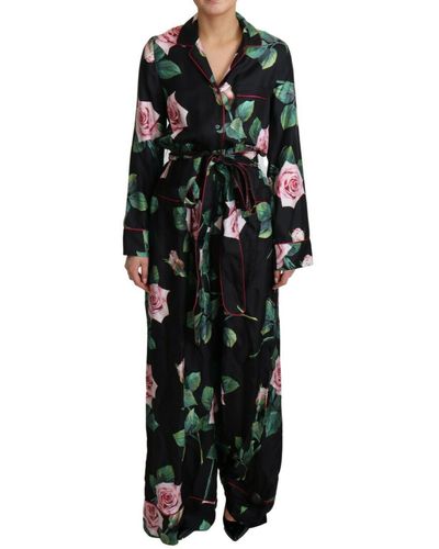 Dolce & Gabbana Rose Print Pajama Jumpsuit Silk Dress - Black