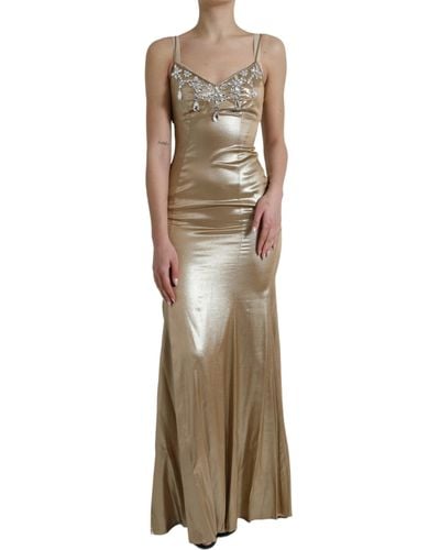 Dolce & Gabbana Metallic Gold Crystal Embellished Gown Dress - Natural