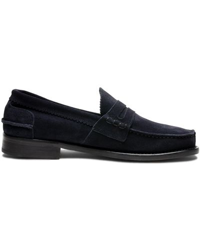 Saxone Of Scotland Dark Blue Suede Leather Mens Loafers Shoes
