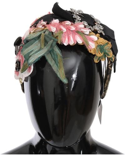 Dolce & Gabbana Multicolor Tiara Floral Crystal Bow Diadem Headband - Black