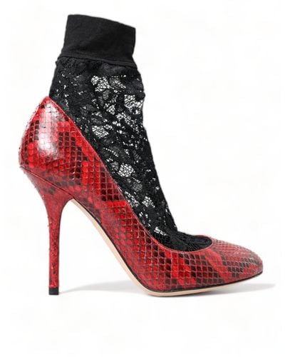 Dolce & Gabbana Almond Toe Snakeskin Pumps With Lace Socks - Red