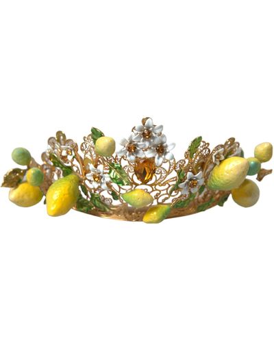 Dolce & Gabbana Tone Brass Crystal Sicily Lemon Head Crown Tiara - Yellow