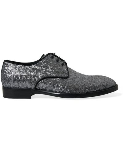 Dolce & Gabbana Silver Sequined Lace Up Men Derby Dress Shoes - Brown