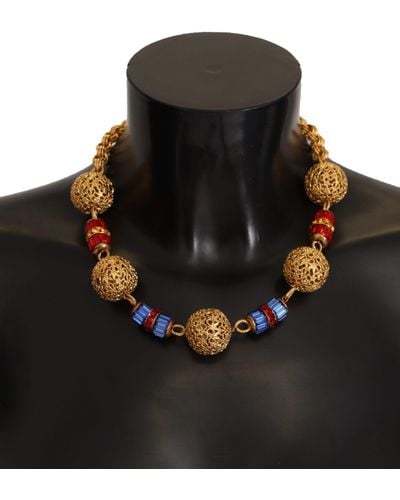Dolce & Gabbana Gold Brass Amore Heart Crystal Pendant Floral Necklace - Black