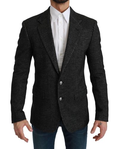 Dolce & Gabbana Gray Plaid Check Slim Fit Jacket Blazer - Black