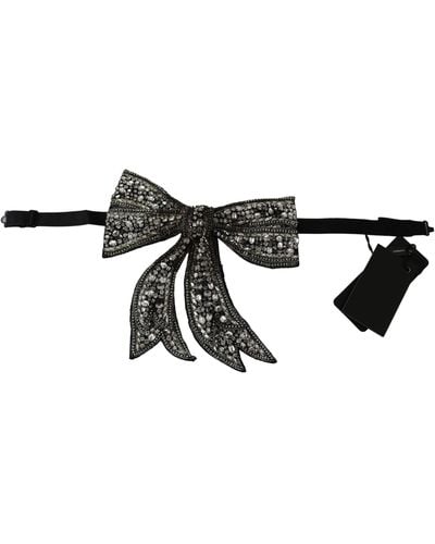 Dolce & Gabbana Silver Tone 100% Silk Crystal Embellished Bowtie - Black