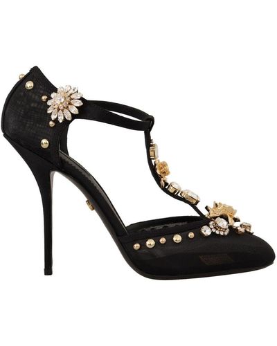 Dolce & Gabbana Mesh Crystals T-strap Heels Pumps Shoes - Black
