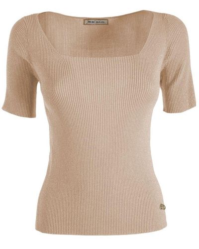Yes-Zee Chic Rib-Knit Short Sleeve Top - Natural