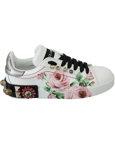 Dolce & Gabbana White Leather Crystal Roses Floral Sneakers - Black