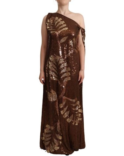 DSquared² Brown Leaf Sequined Shift One Shoulder Long Dress
